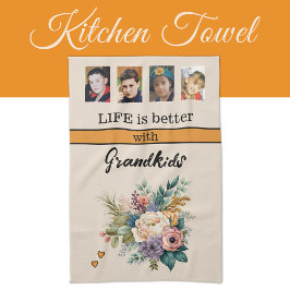 Linge De Cuisine Personnalisé 4 petits-enfants photo orangé fleuri
