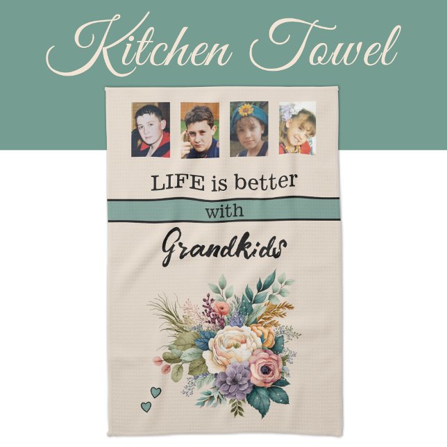 Linge De Cuisine Personnalisé 4 petits-enfants photo vert floral (Créateur téléchargé)