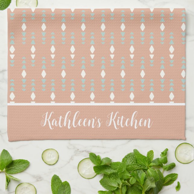 Linge De Cuisine Personnalisé Bohème Abricot Sauge Vert Blanc Abstr (Plié)