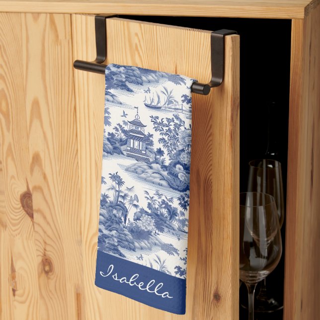 Linge De Cuisine Personnalisé Chinoiserie Motif Pagode Bleu Blanc (Pliage en tiers)
