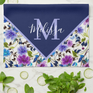 Linge De Cuisine Personnalisé floral violet et bleu