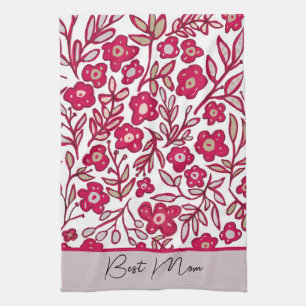 Linge De Cuisine Personnalisé Meilleure maman Boho Floral Rouge Gri