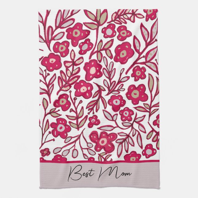 Linge De Cuisine Personnalisé Meilleure maman Boho Floral Rouge Gri (Vertical)