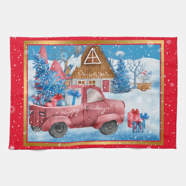 Linge De Cuisine Personnaliser des camions de Noël Red Holiday (Horizontal)