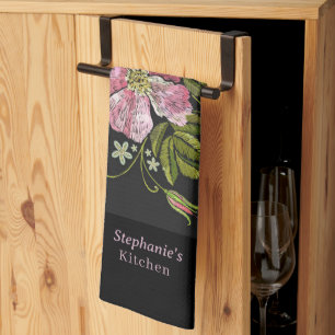 Linge De Cuisine Personnaliser la broderie florale Motif noir Backg