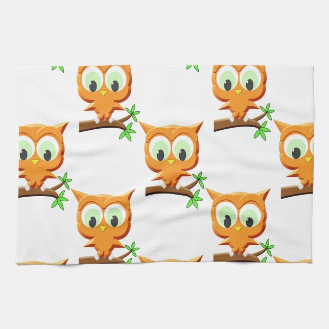 Linge De Cuisine Petite Chouette en dessin sur Motif de branche (Horizontal)