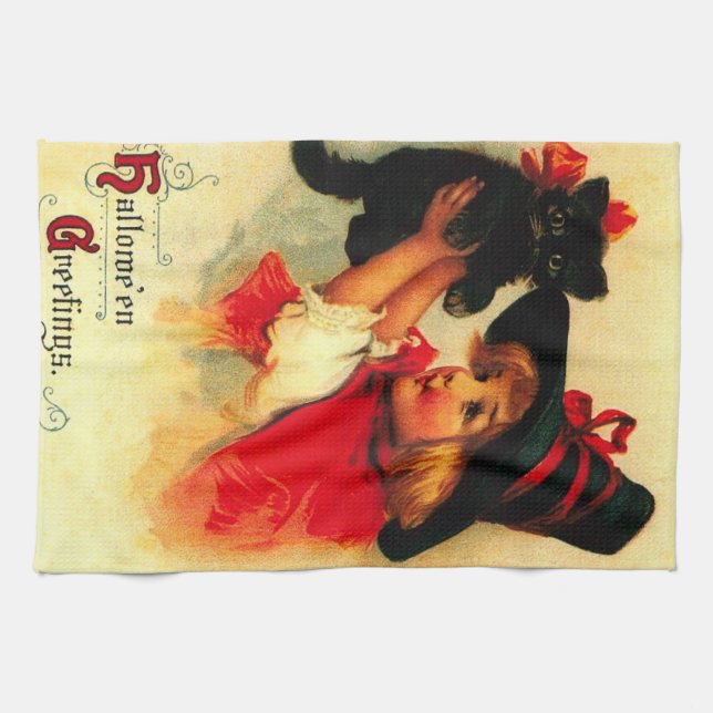 Linge De Cuisine Petite fille avec son chat noir (Horizontal)