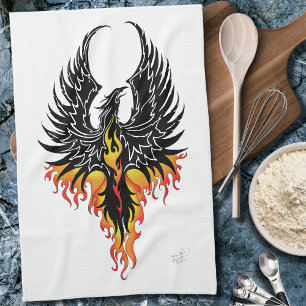 Linge De Cuisine Phénix Ardente Oiseau de Feu Tribal Noir Flammes