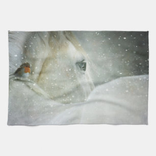 Linge De Cuisine Photo de White Horse and Bird en hiver