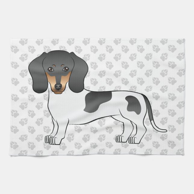 Linge De Cuisine Piebald Noir Et Tan Cheveux Courtes Dachshund & Pâ (Horizontal)