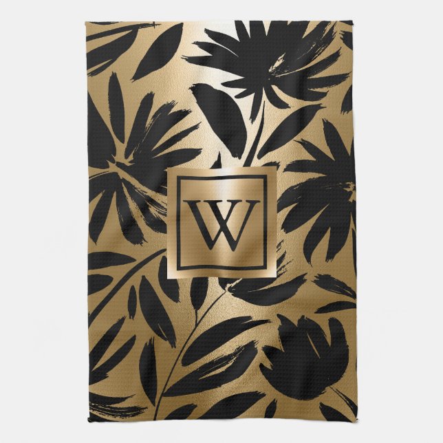 Linge De Cuisine Pinceau Floral noir et or (Vertical)