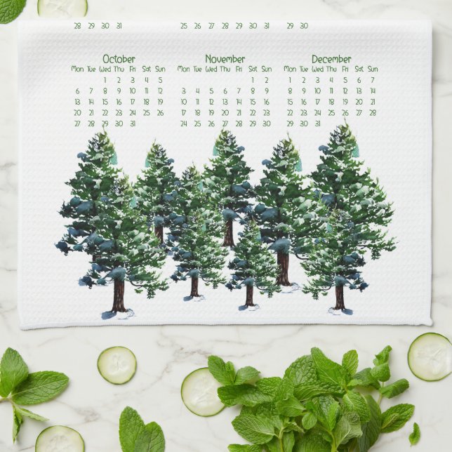 Linge De Cuisine Pine Arbres aquarelle calendrier de peinture 2025 (Plié)