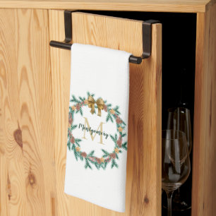 Linge De Cuisine Pinécone rustique   Monogramme de couronne de Noël