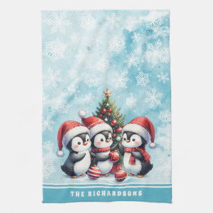 Linge De Cuisine Pingouins mignons Bleu neigeux Noël personnalisé