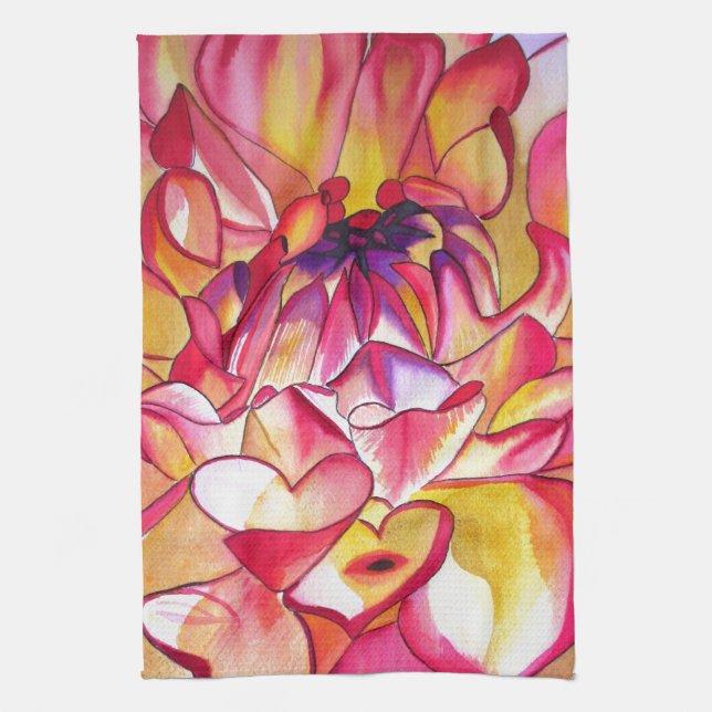 Linge De Cuisine Pink Dahlia fleurs aquarelle art (Vertical)