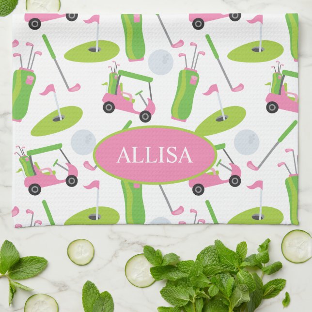 Linge De Cuisine Pink & Green Golf Personnalisé (Plié)