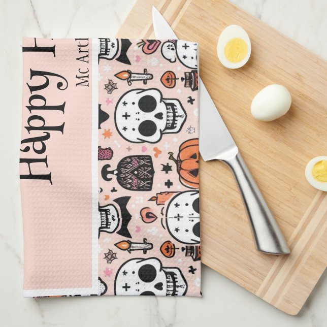 Linge De Cuisine Pink Halloween Tricoter ou traiter Nom de famille  (Quart Plié)