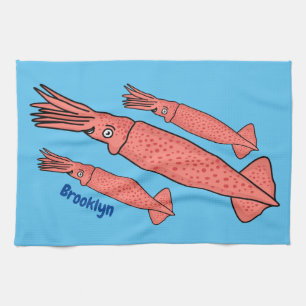 Linge De Cuisine Pink happy squid cartoon illustration