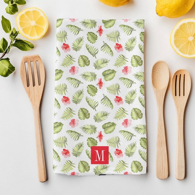 Linge De Cuisine Pink Monogramme Tropical Palm Feuille Motif (Pink Monogrammed Tropical Palm Leaves Pattern Kitchen Towel)