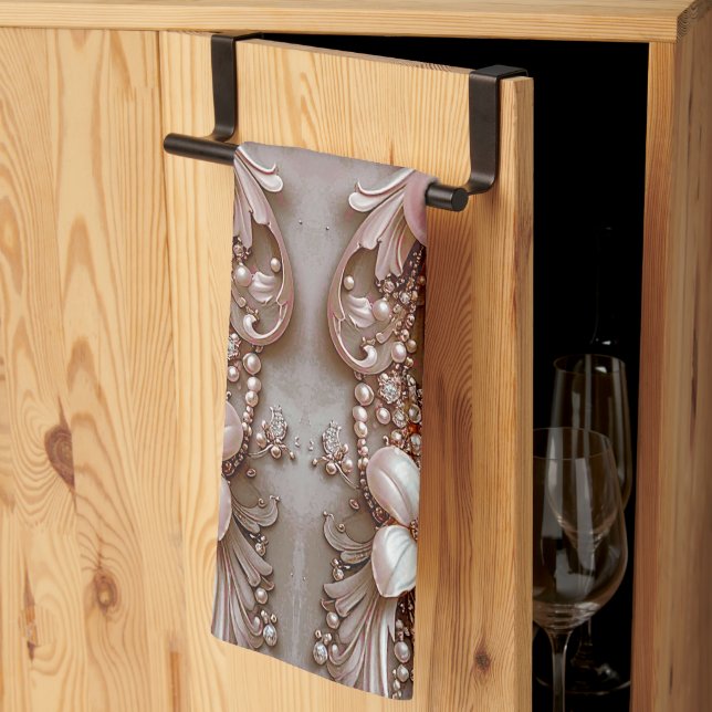 Linge De Cuisine Pink Ornate Pearl and Floral Kitchen Towel (Pliage en tiers)