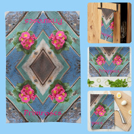 Linge De Cuisine Pink Primroses Rustic Blue Green Boboard