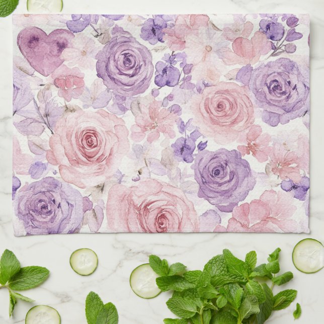 Linge De Cuisine Pink Purple Blush Flowers Hearts   (Plié)