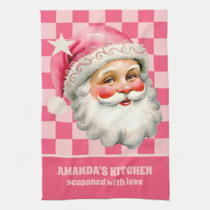 Linge De Cuisine Pink Retro Santa Claus Pink Tartan Plaid Noël