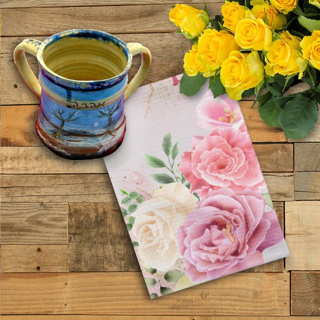 Linge De Cuisine PInk Roses blanches sur Shabbat d'aquarelle de mar (Créateur téléchargé)