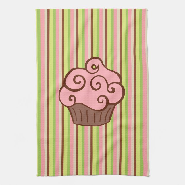 Linge De Cuisine Pink Striped Cupcake Kitchen Towel  (Vertical)