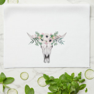 Linge De Cuisine Pink White Boho Tête de vache Floral