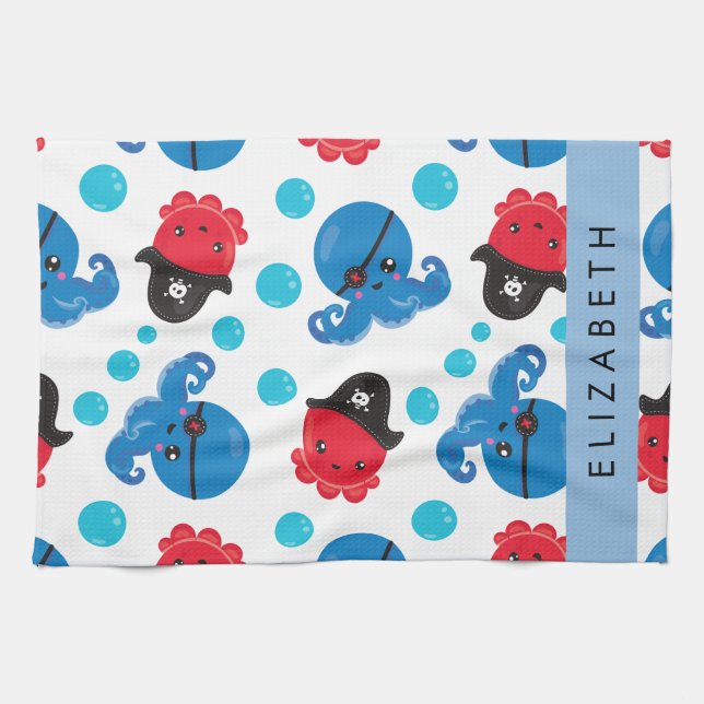 Linge De Cuisine Pirate Octopus, Motif Octopus, Mer, Votre Nom (Horizontal)