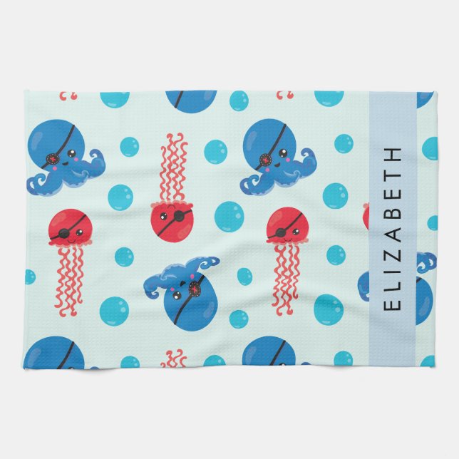 Linge De Cuisine Pirate Octopus, Pirate Jellfish, Mer, Votre Nom (Horizontal)