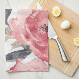 Linge De Cuisine Pivoines roses aquarelle florale botanique peinte