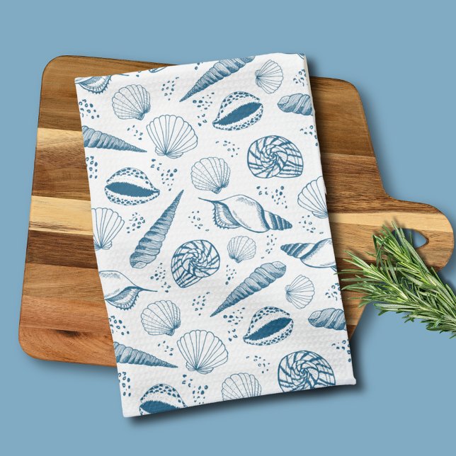 Linge De Cuisine Plage bleu de coquillages (Coastal chic blue seashell nautical beach vibe kitchen towel)