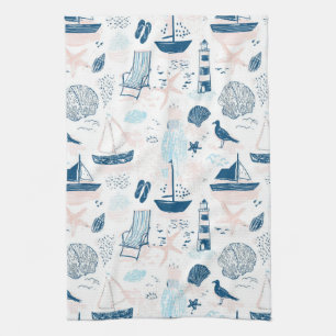 Linge De Cuisine Plage nautique été bleu rose côtier (1)