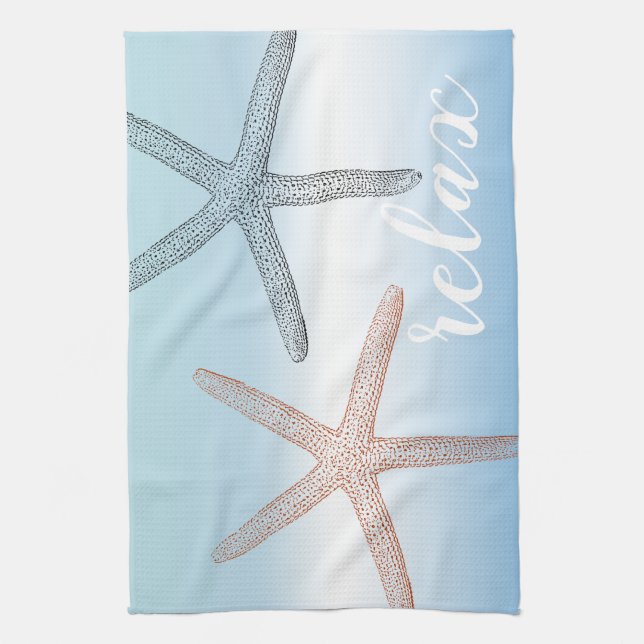 Linge De Cuisine Plage Orange Blue Starfish Relax (Vertical)