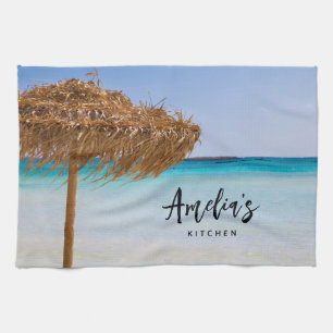 Linge De Cuisine Plage tropicale panoramique avec parasol en paille