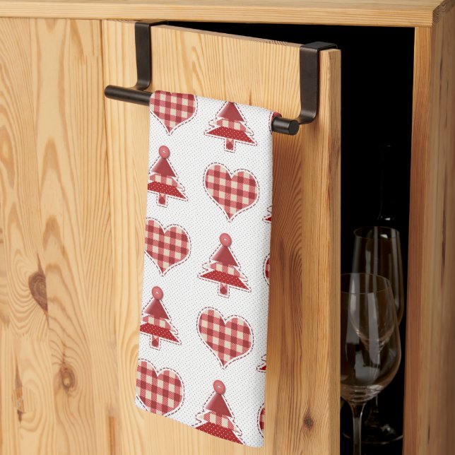 Linge De Cuisine Plaid Red Christmas Trees and Hearts Pattern (Pliage en tiers)