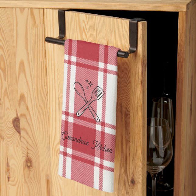 Linge De Cuisine Plaid Red & White Custom Name Gift (Pliage en tiers)