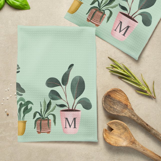 Linge De Cuisine Plante Lover Chic Aquarelle Pointez Plante Monogra (Plant Lover Chic Watercolor Potted Plants Monogram Kitchen Towel)