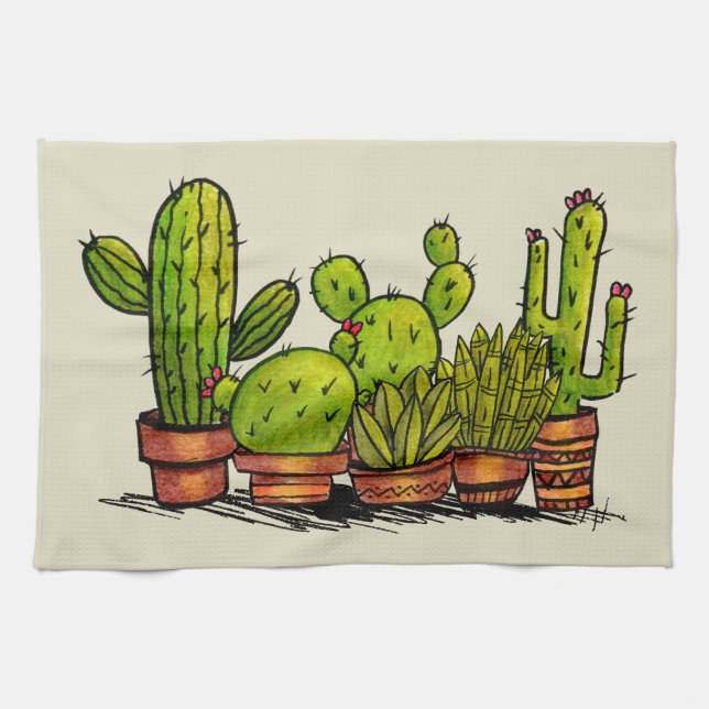 Linge De Cuisine Plantes de cactus vert aquarelle (Horizontal)