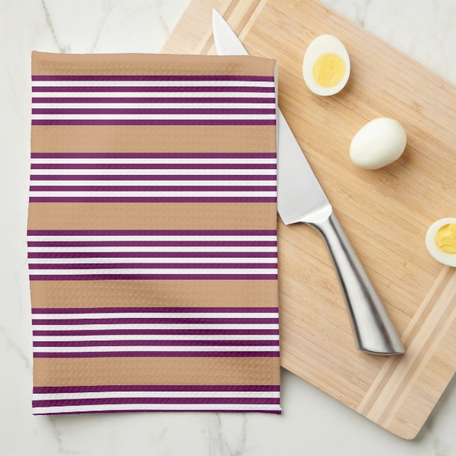 Linge De Cuisine Plum et blanc cinq bandes motif avec bronzage (Quart Plié)