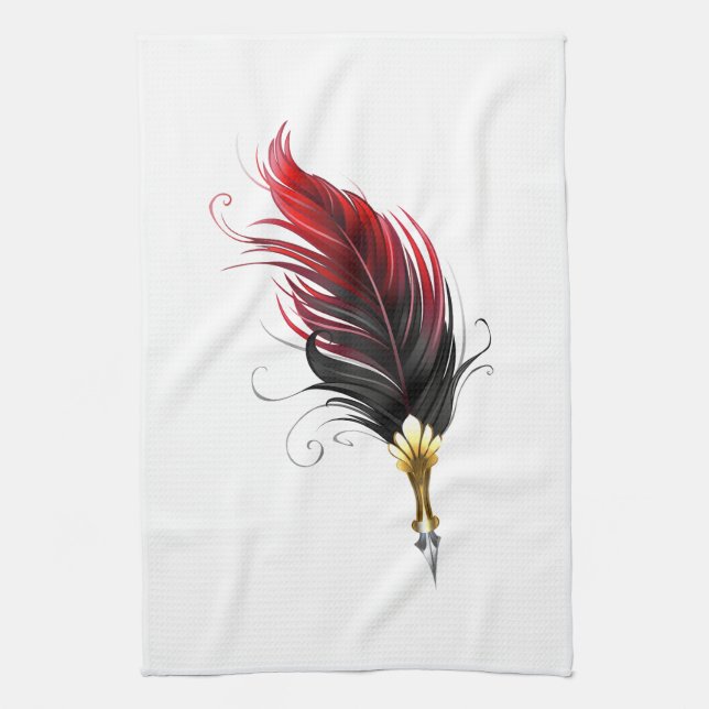 Linge De Cuisine Plume rouge avec pointe en or (Vertical)