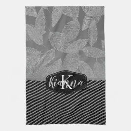 Linge De Cuisine Plumes chic avec bandes argentées Monogramme