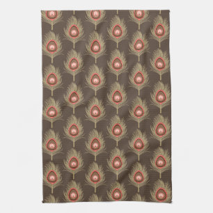 Linge De Cuisine Plumes de paon, beige sur Brown de chocolat foncé
