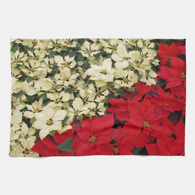 Linge De Cuisine Poinsettias blanches et rouges I Holiday Floral (Horizontal)