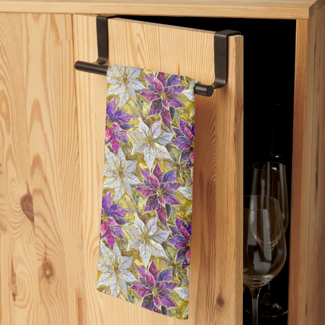 Linge De Cuisine Poinsettias de Noël blanc or violet rose (Pliage en tiers)