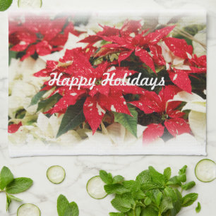 Linge De Cuisine Poinsettias Festive Rouge Blanc Floral