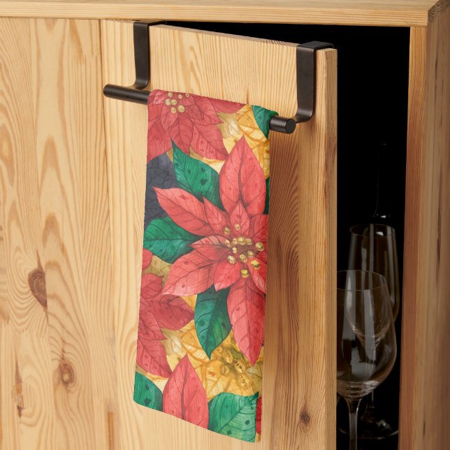 Linge De Cuisine Poinsettias Rouge et Or Noël de Noël (Pliage en tiers)