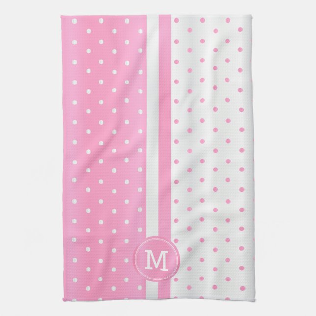 Linge De Cuisine Point Polka rose et blanc monogramme (Vertical)